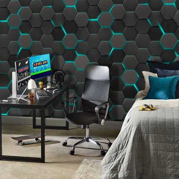 3D Geométrico Gamer Tiffany — ambiente com o papel de parede aplicado