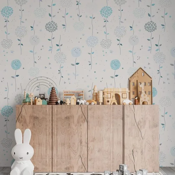 Afeto Flores Abstratas Azul — ambiente com o papel de parede aplicado