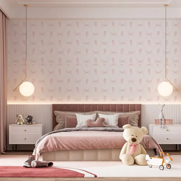 Afeto Laços Fofos Rose — ambiente com o papel de parede aplicado