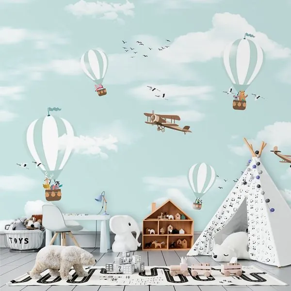 Balões Azul — ambiente com o papel de parede aplicado
