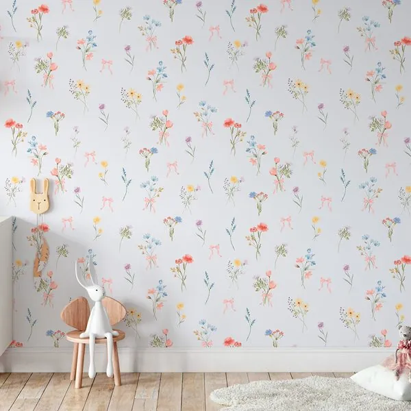 Buquê Afeto Azul — ambiente com o papel de parede aplicado
