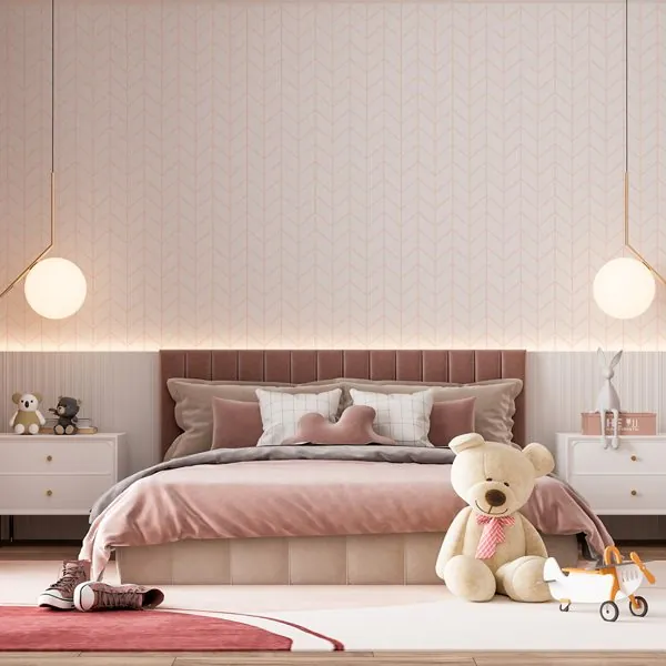 Chevron Clean Salmão — ambiente com o papel de parede aplicado