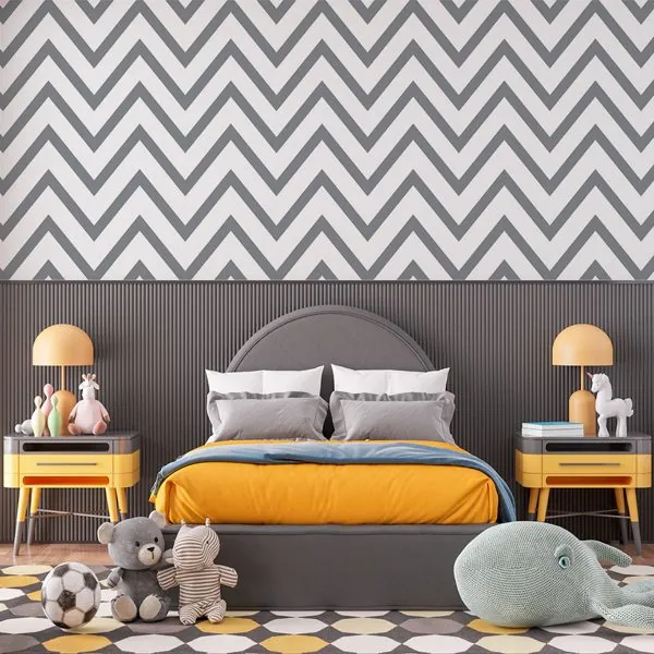 Chevron Slim Cinza — ambiente com o papel de parede aplicado