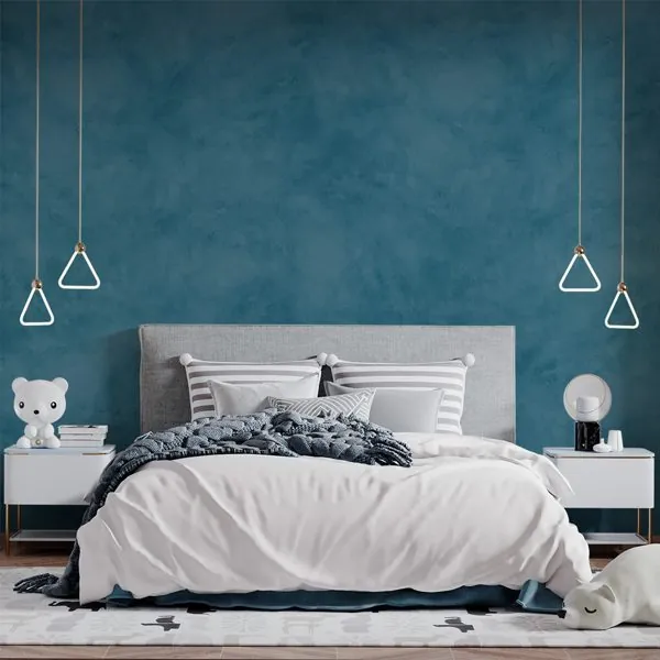 Cimento Queimado Azul — ambiente com o papel de parede aplicado