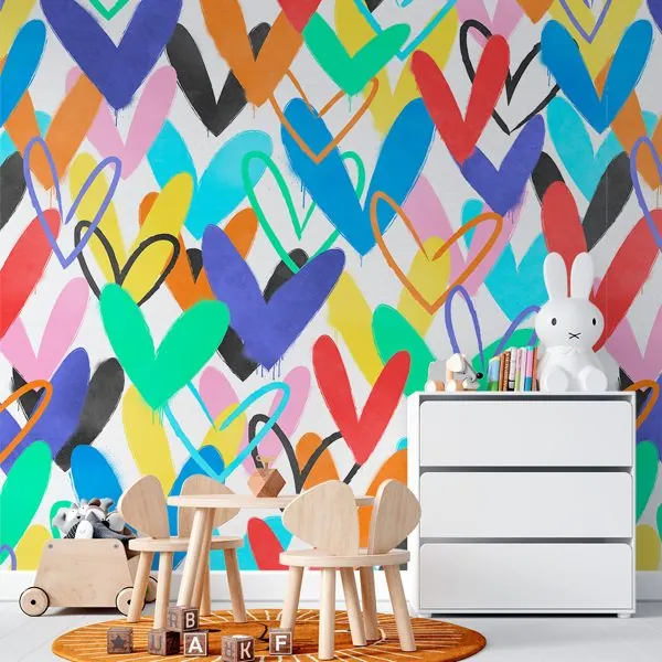 Corações Coloridos — ambiente com o papel de parede aplicado
