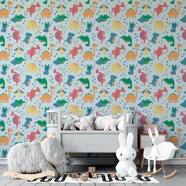 Cute Dinos Azul — ambiente com o papel de parede aplicado