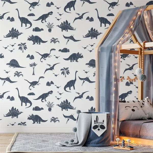 Dinos Branco — ambiente com o papel de parede aplicado