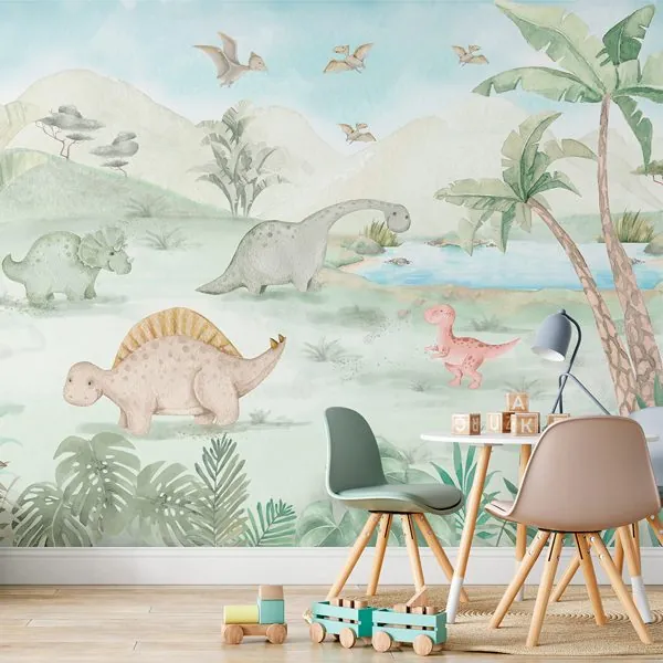 Dinossauros Aquarela — ambiente com o papel de parede aplicado