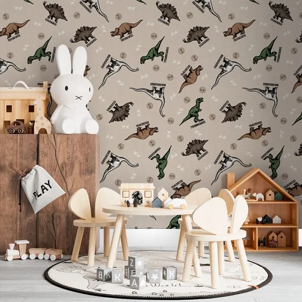 Dinossauros — ambiente com o papel de parede aplicado