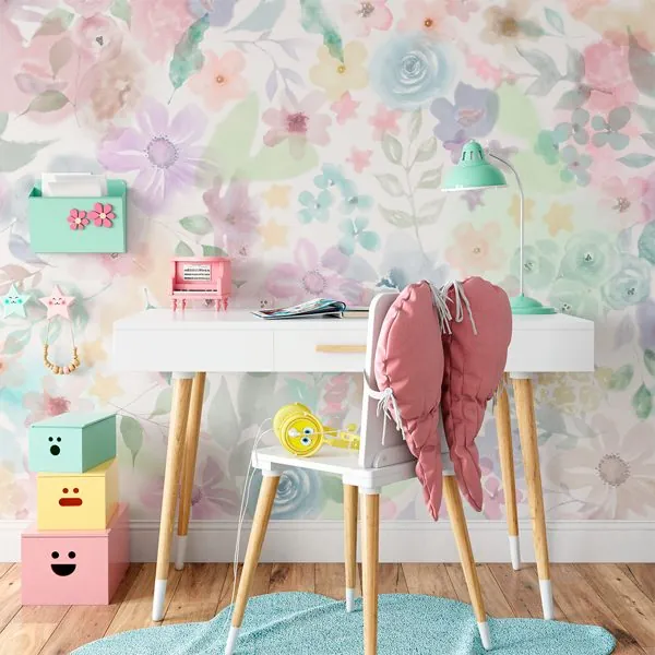Flores do Campo Aquarela — ambiente com o papel de parede aplicado