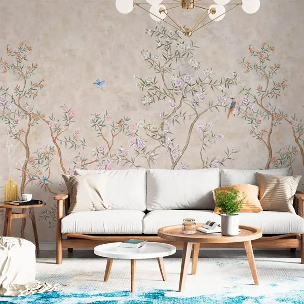 Flores e Pássaros Areia — ambiente com o papel de parede aplicado