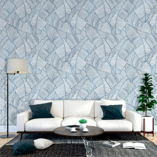 Folhas de Bananeira Azul — ambiente com o papel de parede aplicado
