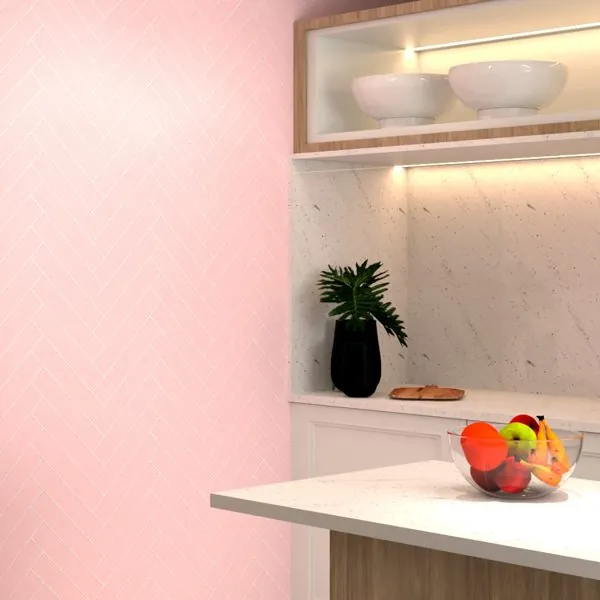 Ladrilhos Chevron Rosa — ambiente com o papel de parede aplicado