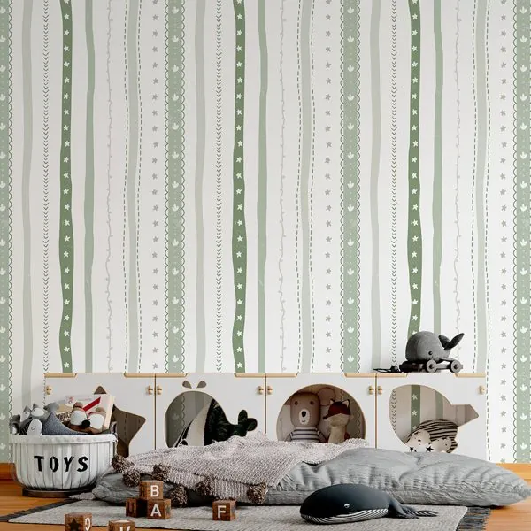 Listras Happy Verde — ambiente com o papel de parede aplicado