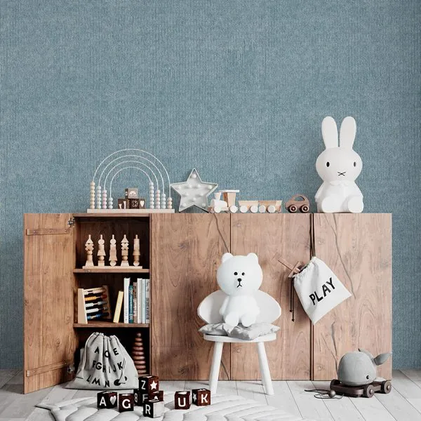Malha Tricot Azul Névoa — ambiente com o papel de parede aplicado