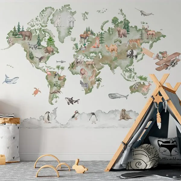 Mapa Animais Aquarela Verde — ambiente com o papel de parede aplicado