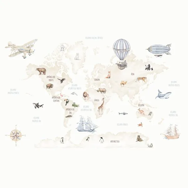 Mapa Mundi Infantil Aquarela Areia — estampa do papel de parede