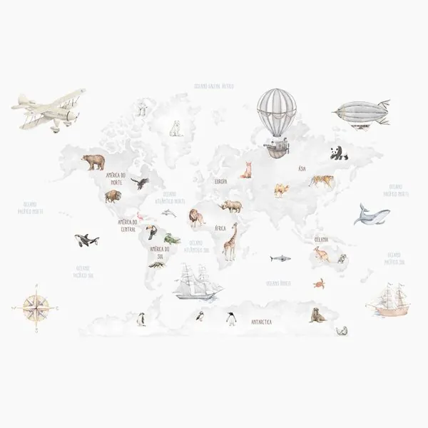 Mapa Mundi Infantil Aquarela Cinza — estampa do papel de parede