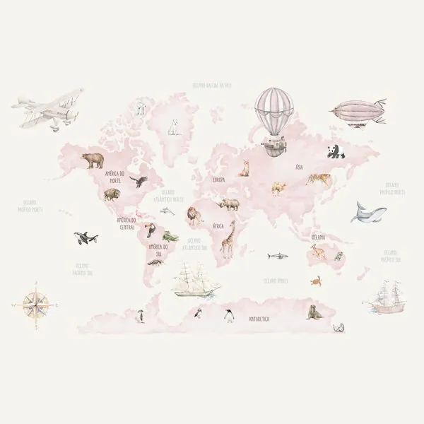 Mapa Mundi Infantil Aquarela Rosa — estampa do papel de parede