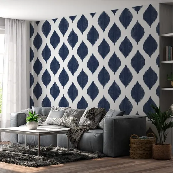 Medalhão Textura Azul — ambiente com o papel de parede aplicado