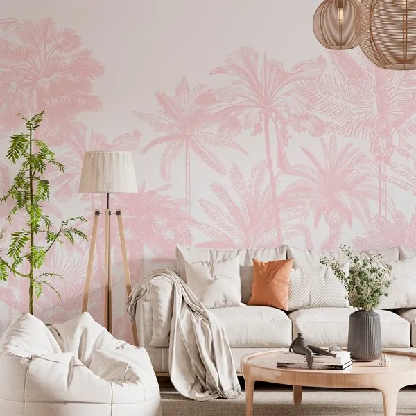 Palm Trees Monocromática Rose — ambiente com o papel de parede aplicado