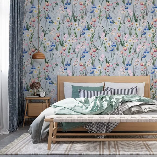 Primavera Garden Azul — ambiente com o papel de parede aplicado