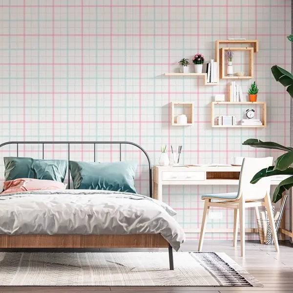 Quadriculado Intercalado Rosa — ambiente com o papel de parede aplicado