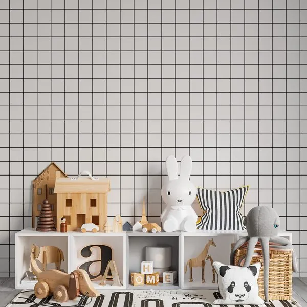 Quadriculado Riscado Branco — ambiente com o papel de parede aplicado