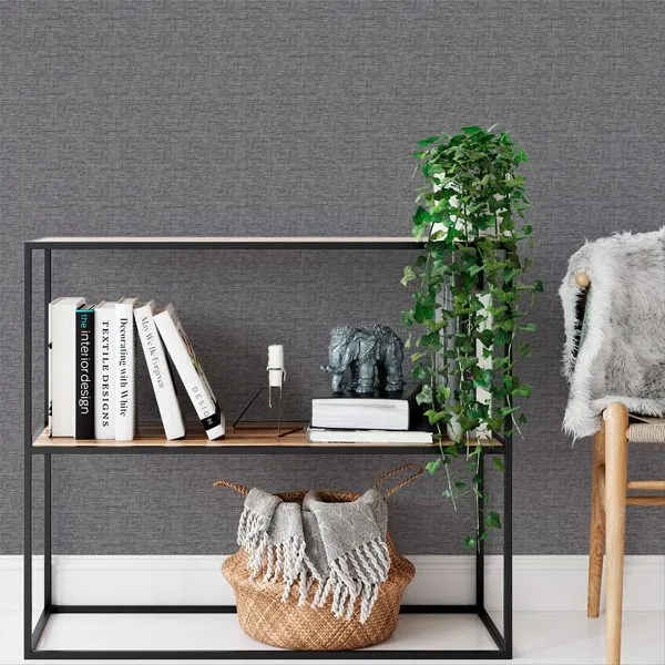 Textura Linho Grafite — ambiente com o papel de parede aplicado