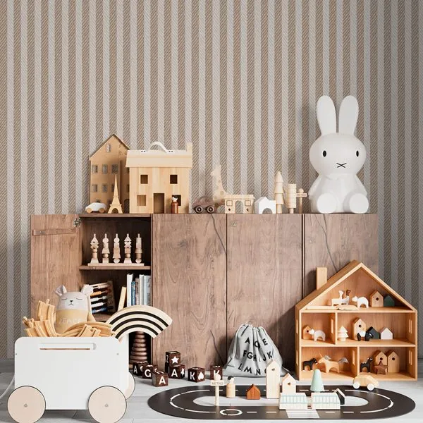 Textura Sarja Tramada Bege — ambiente com o papel de parede aplicado