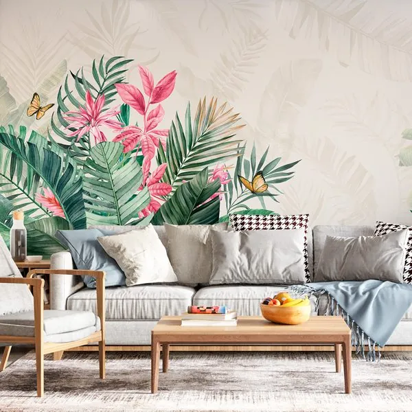 Tropical Feelings Areia — ambiente com o papel de parede aplicado