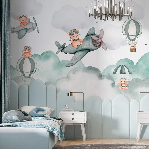 Ursinho Aviador Sobre Nuvens — ambiente com o papel de parede aplicado