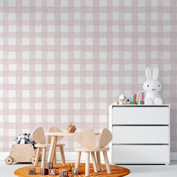 Xadrez Aquarela Standard Rosa — ambiente com o papel de parede aplicado