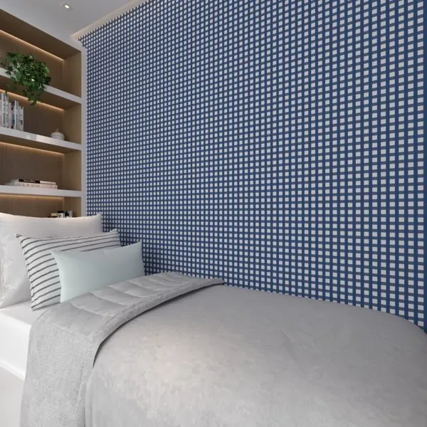 Xadrez Azul Marinho — ambiente com o papel de parede aplicado