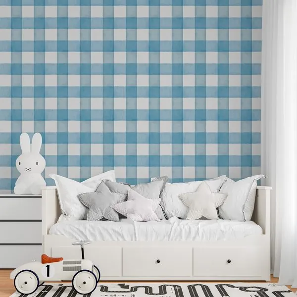 Xadrez Estonado Soft Azul Escuro — ambiente com o papel de parede aplicado