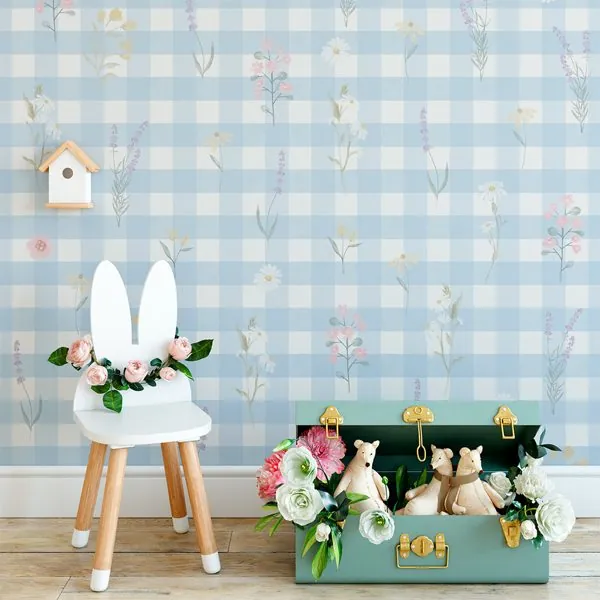 Xadrez Floral Azul — ambiente com o papel de parede aplicado