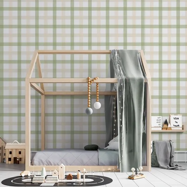 Xadrez Intercalado Verde e Bege — ambiente com o papel de parede aplicado