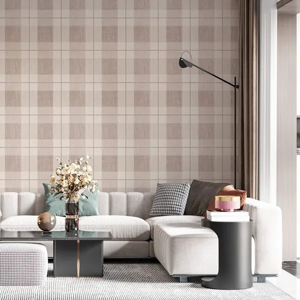 Xadrez Lux Mocha Mousse — ambiente com o papel de parede aplicado